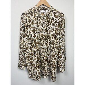 Susan Graver Shirt Womens XL Beige Brown Blouse Button Long Sleeve Animal Print